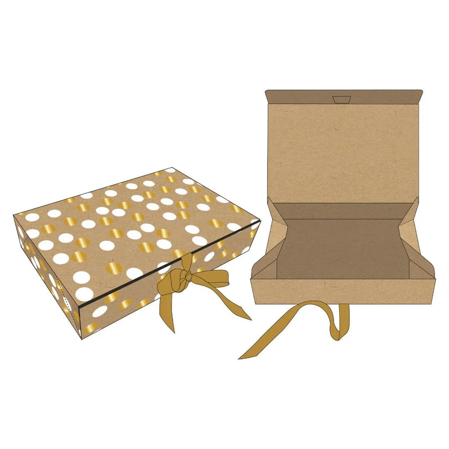 Boîte cadeau en papier kraft à pois blanc et or métallisé avec ruban doré, 23x14x5,5 cm