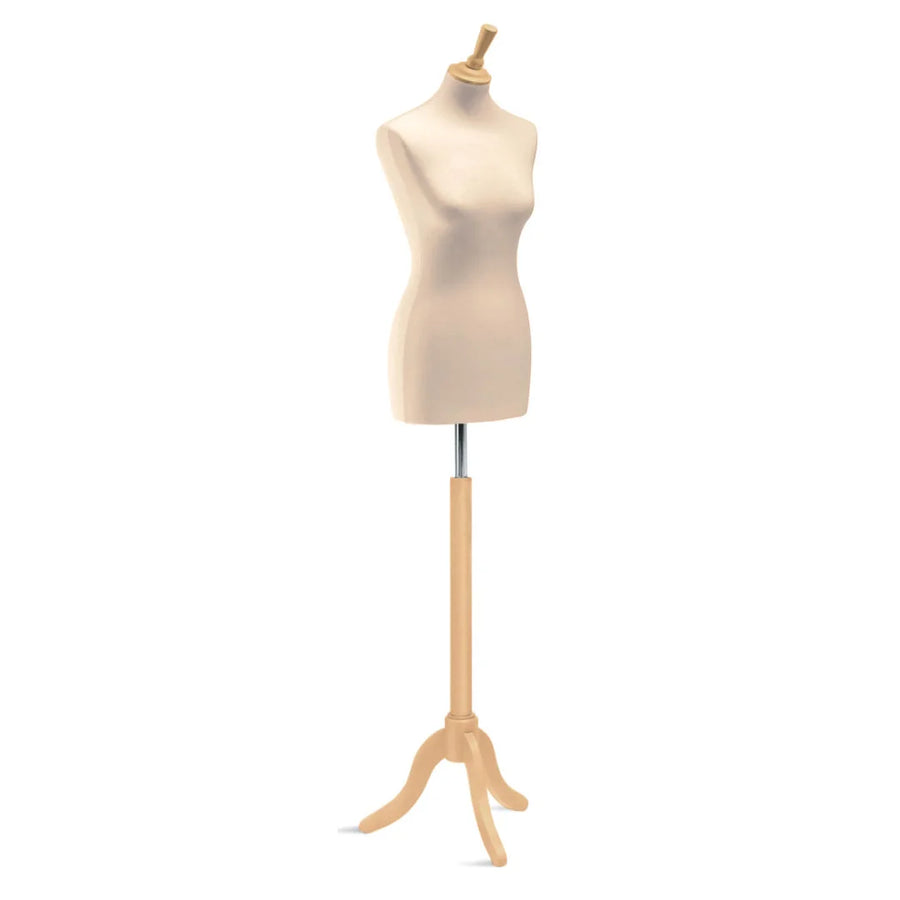 Buste de couture femme Vetrina sur trépied bois, coloris écru, hauteur réglable 145-167 cm