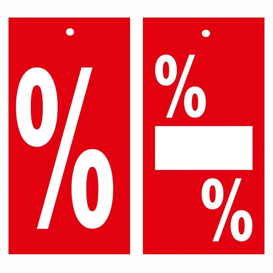Étiquettes à trou % rouges pour soldes et promotions en boutique, lot de 250, format 5,9 x 11,5 cm