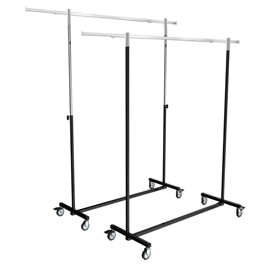Portant pliable professionnel métal noir et chromé avec roues Ø 8 cm, usage magasin