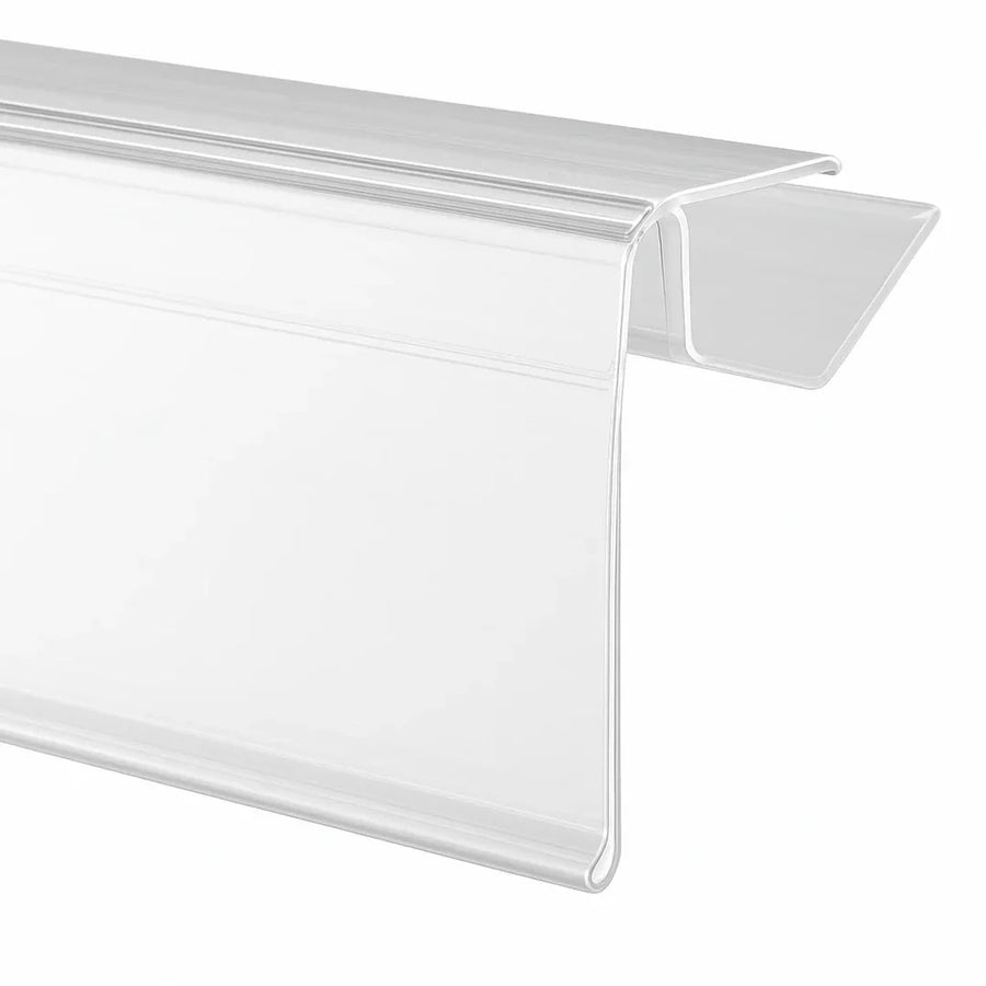 Profil porte-étiquette transparent clipsé sur devanture de rayon en bois 39 x 1000 mm