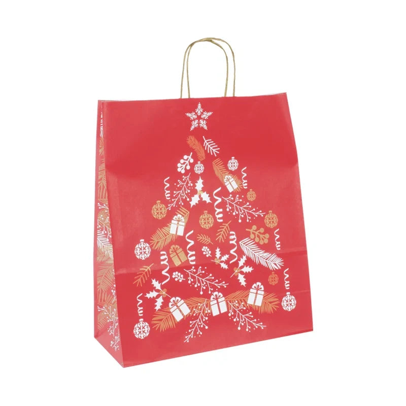 Sac papier kraft blanc motif Noël impression rouge et or mat, poignées torsadées dorées, format35+14x40 cm