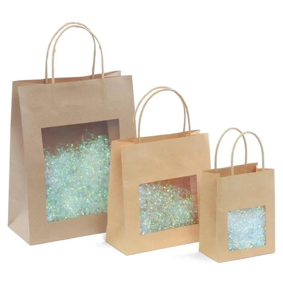 Sac papier kraft brun avec fenêtre transparente et poignées torsadées pour commerce