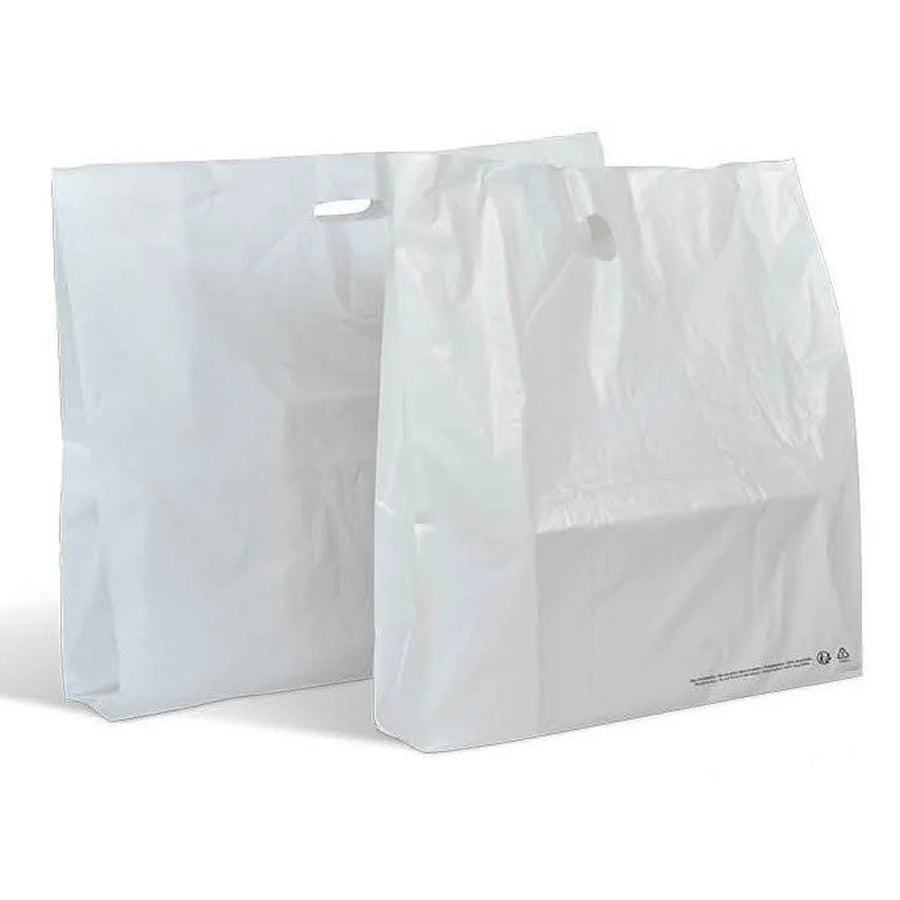 Sac plastique PEHD blanc à poignées découpées 50µ pour commerce – formats Jumbo et Super Jumbo