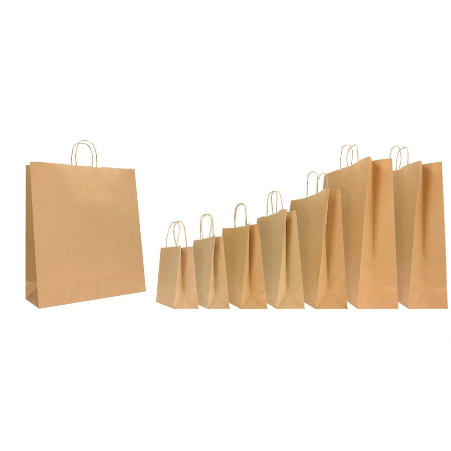 Sacs en kraft brun recyclable avec poignées torsadées, solides et pratiques, disponibles en 7 formats pour commerces, traiteurs et épiceries fines