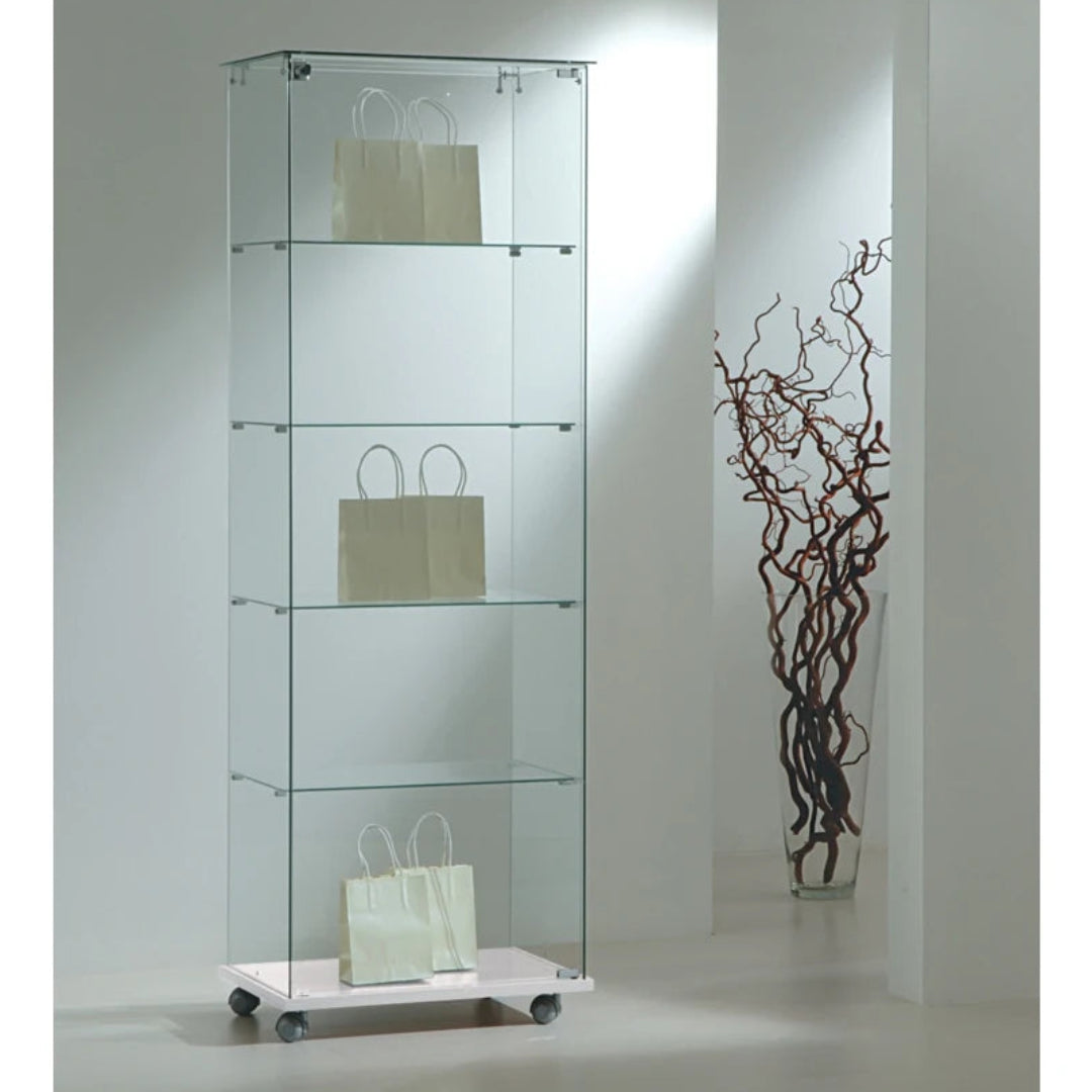 Vitrine d'exposition en verre avec porte verrouillable et socle blanc sur roulette pour boutique