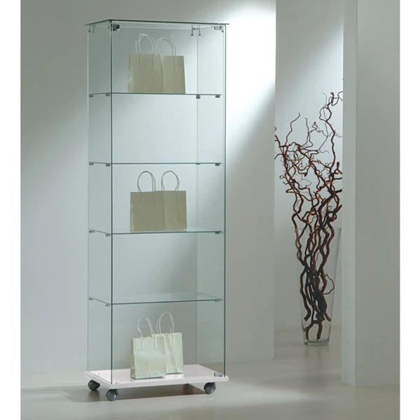 Vitrine d'exposition en verre avec porte verrouillable et socle blanc sur roulette pour boutique