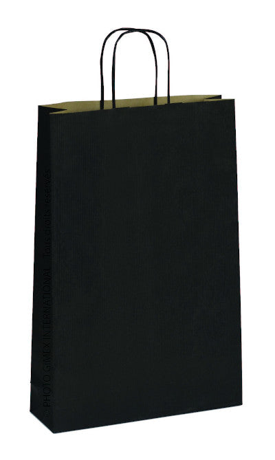 Sac en papier kraft noir résistant avec poignées torsadées, idéal pour le transport et l’emballage de 3 bouteilles, fabrication européenne