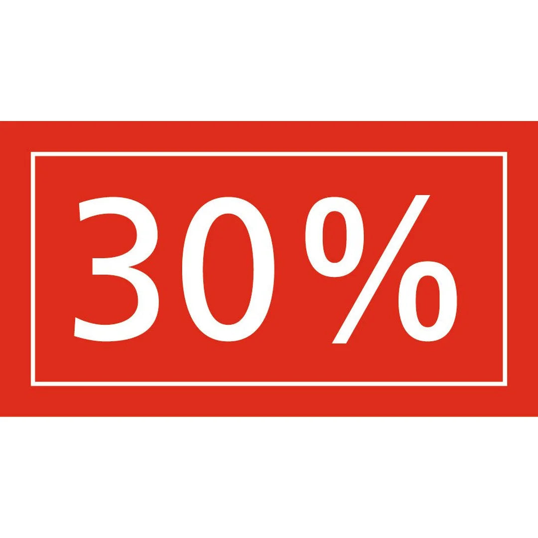 Adhésif promotion vitrine rouge translucide 40x22 cm, inscription blanche pourcentage soldes