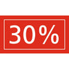 Adhésif promotion vitrine rouge translucide 40x22 cm, inscription blanche pourcentage soldes