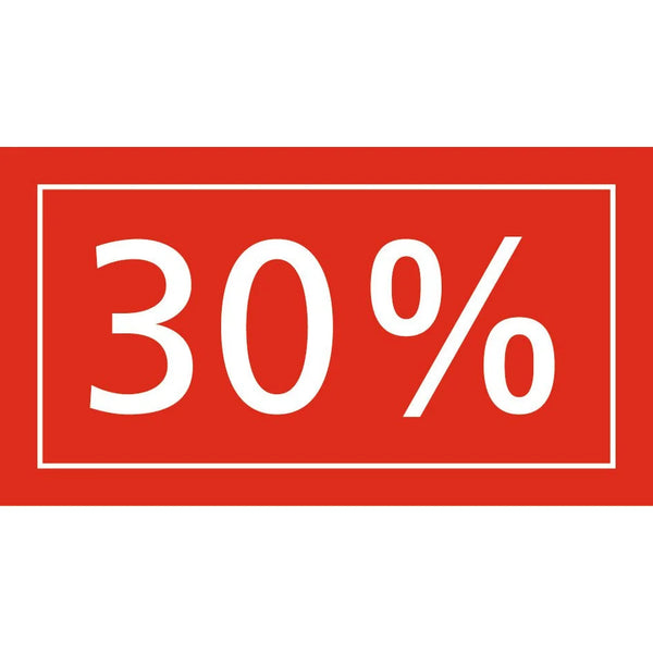 Adhésif promotion vitrine rouge translucide 40x22 cm, inscription blanche pourcentage soldes