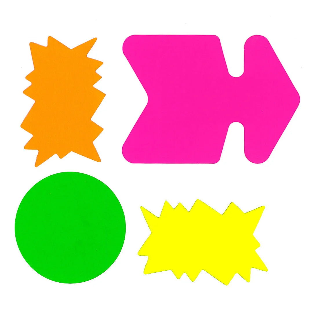Affiches carton fluo en formes rond, flèche et flash — 4 couleurs fluo pour signalétique promotionnelle en magasin