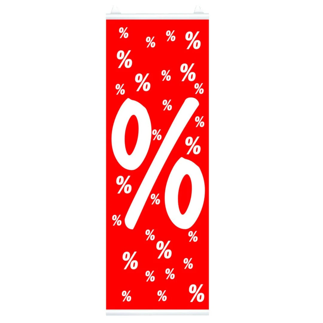 Affiche papier % soldes blanc sur fond rouge, grand format pour magasin