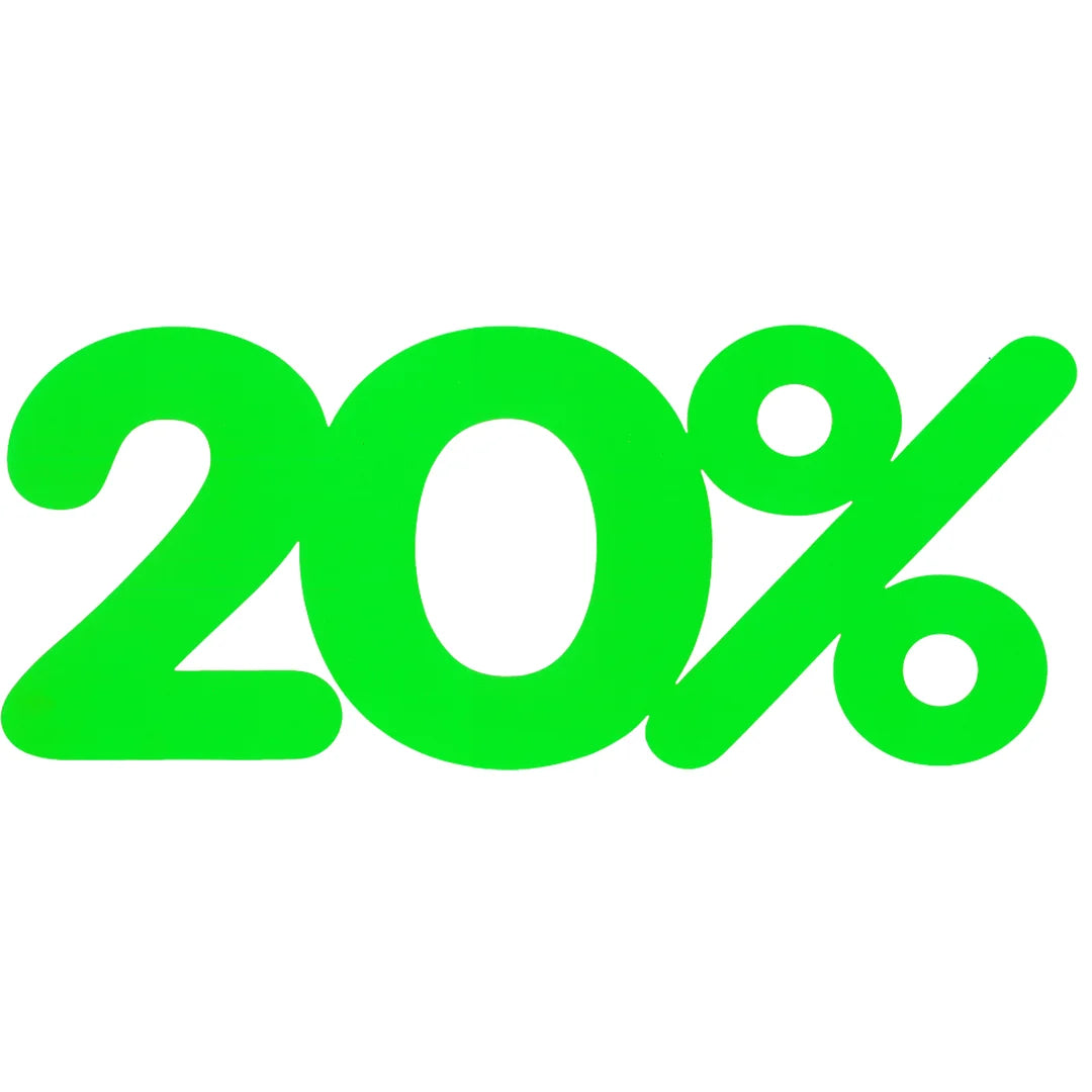 Affiche -20% découpée en carton fluo vert pour promotion en boutique, 50x23 cm