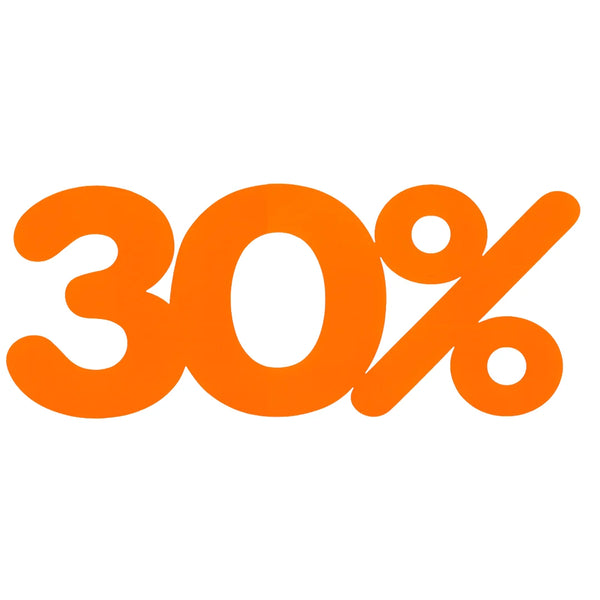 Affiche -30% découpée en carton fluo orange signalétique promotionnelle magasin, 50x23 cm