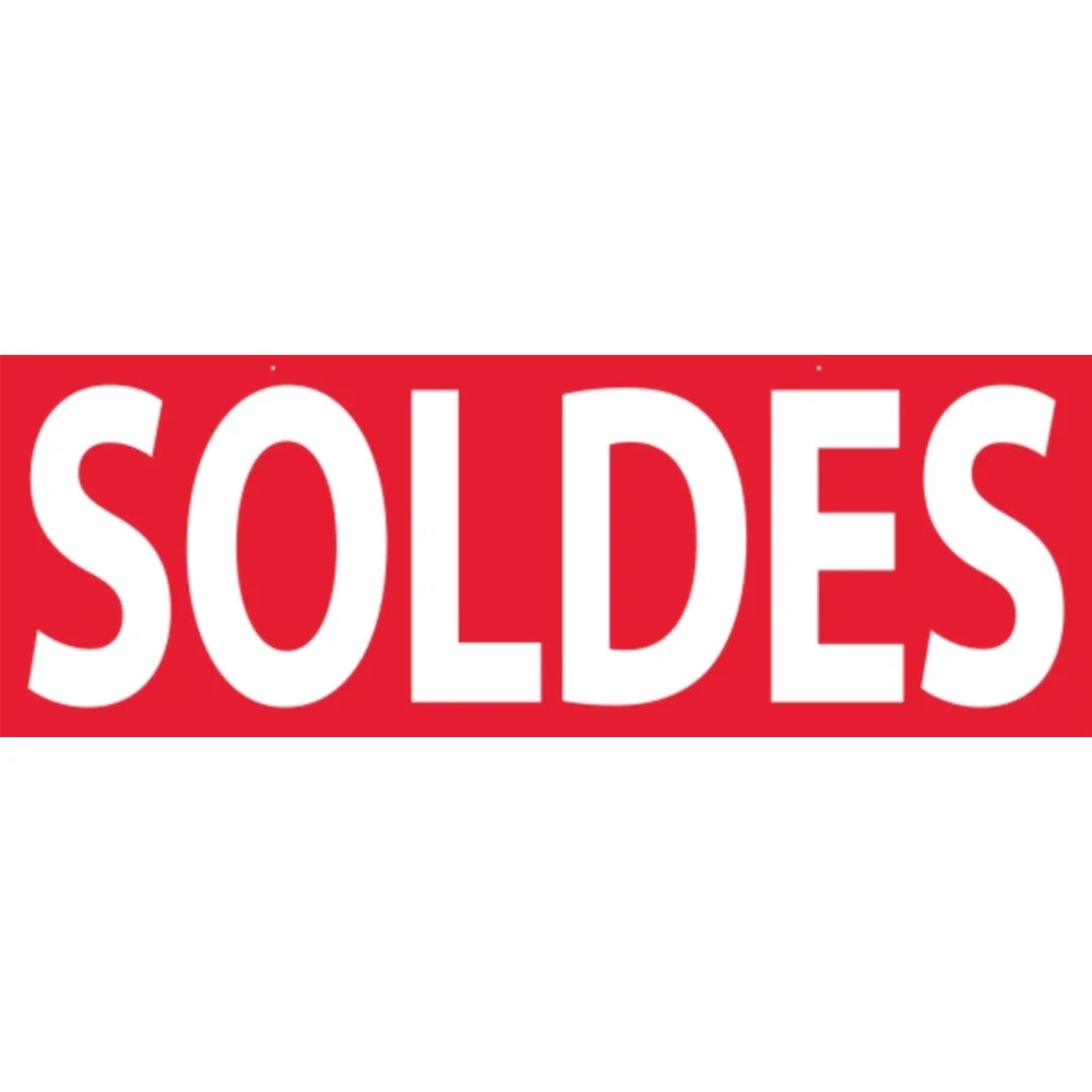Affiche soldes double-face en carton rigide 34×98 cm, fond rouge avec texte SOLDES blanc, 2 trous de suspension