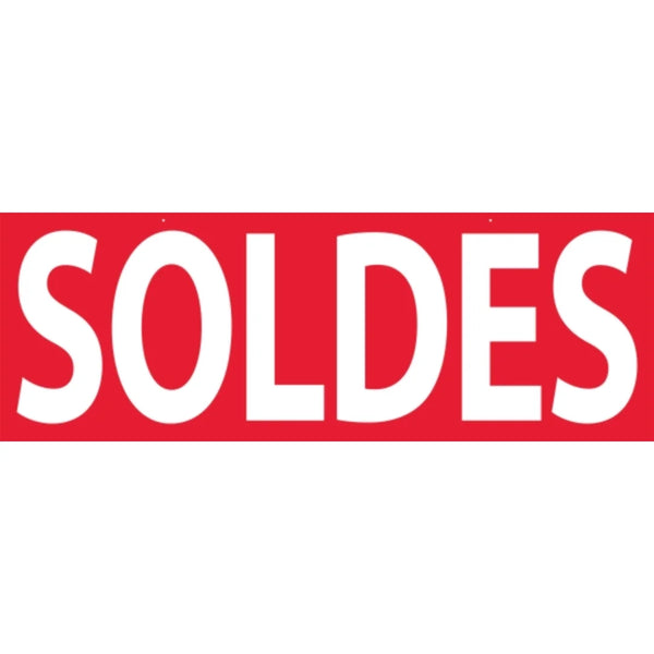 Affiche soldes double-face en carton rigide 34×98 cm, fond rouge avec texte SOLDES blanc, 2 trous de suspension