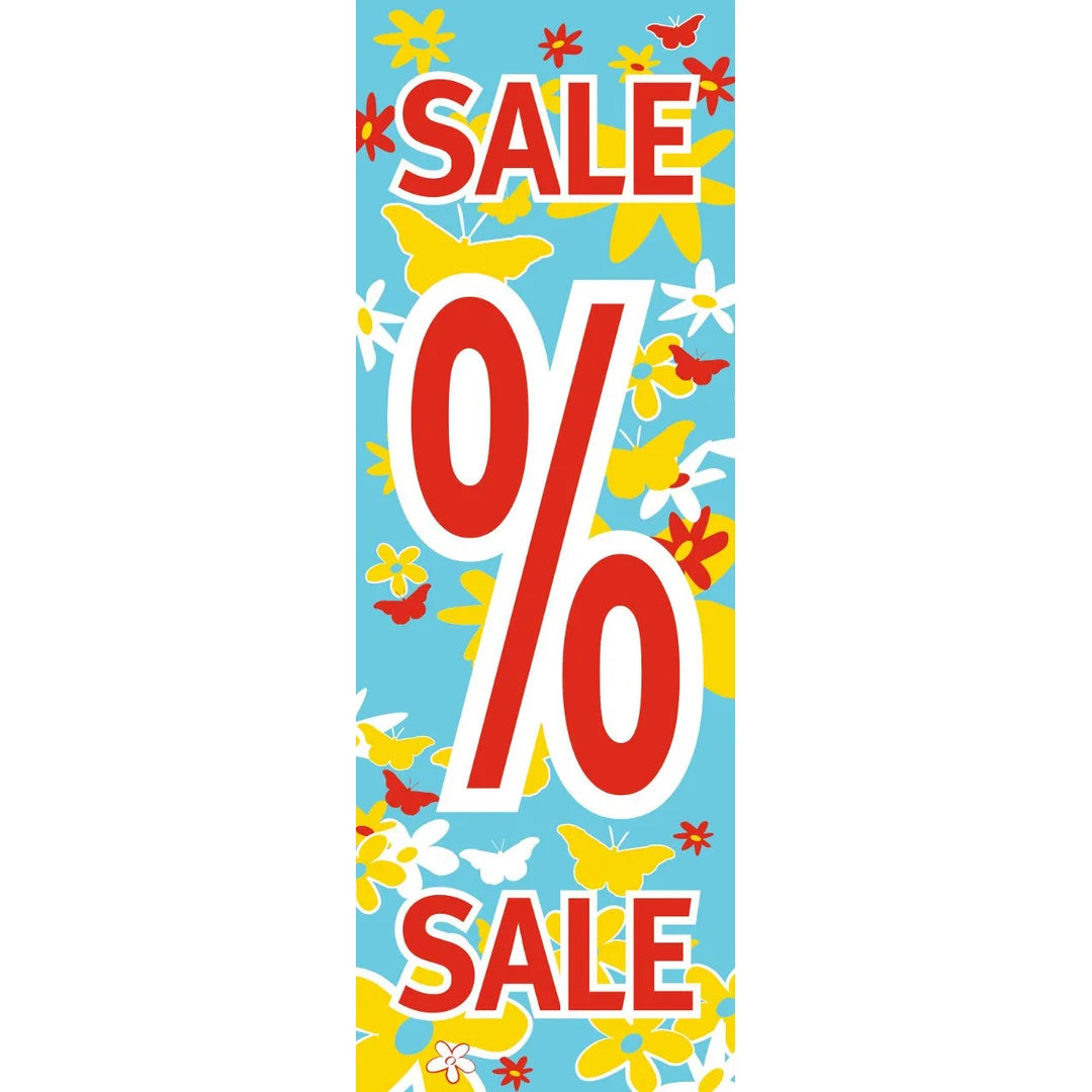 Affiche papier soldes été SALE format A1 – visuel estival bleu clair avec papillon et fleurs pour vitrine de magasin