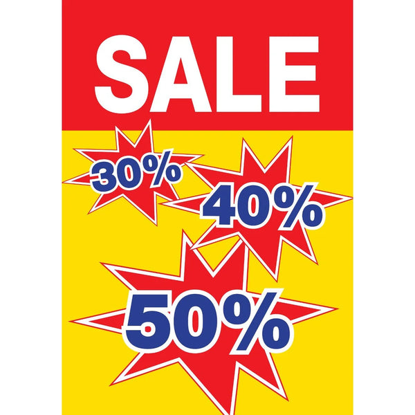 Affiche papier SALE 30% 40% 50% format 48x138 cm rouge jaune bleu pour rayon ou chevalet