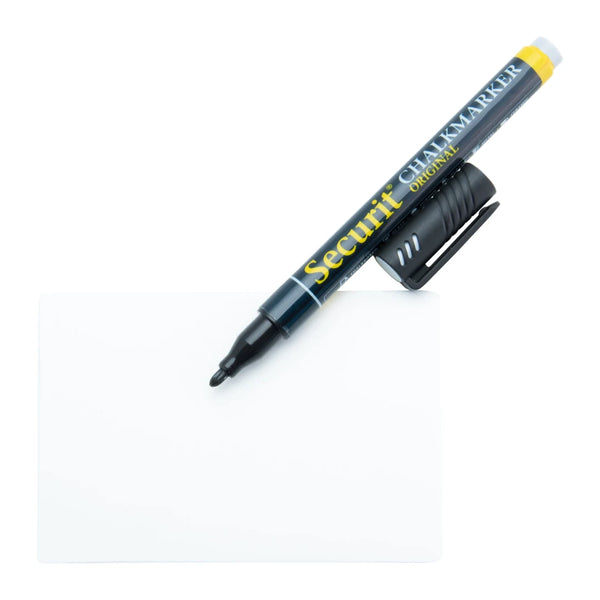 Lot de 20 ardoises blanches A7 avec feutre craie, piques et supports transparents pour magasin