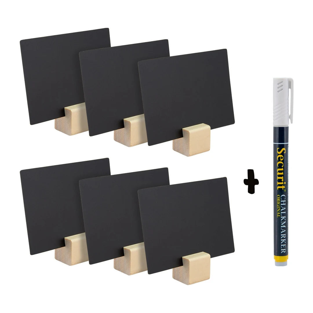 Lot de 6 ardoises de table A6 avec socle en bois et marker craie liquide inclus