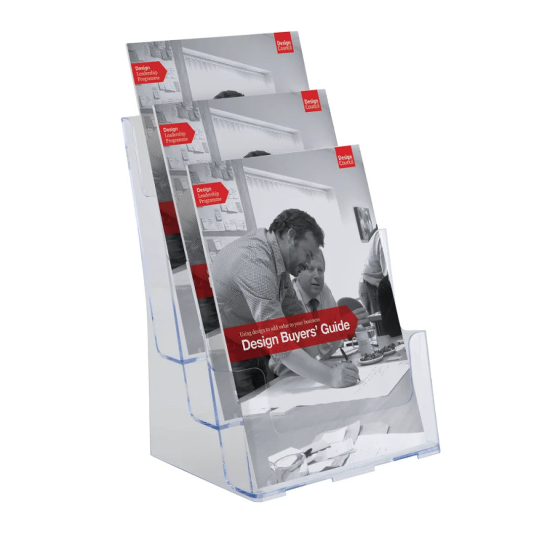 Bac présentoir acrylique 3 casiers A4 avec brochures, vue de face