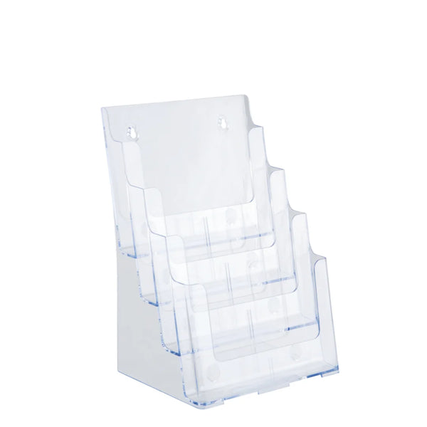 Présentoir à brochures acrylique 4 casiers A4 vertical, modèle vide sur fond blanc