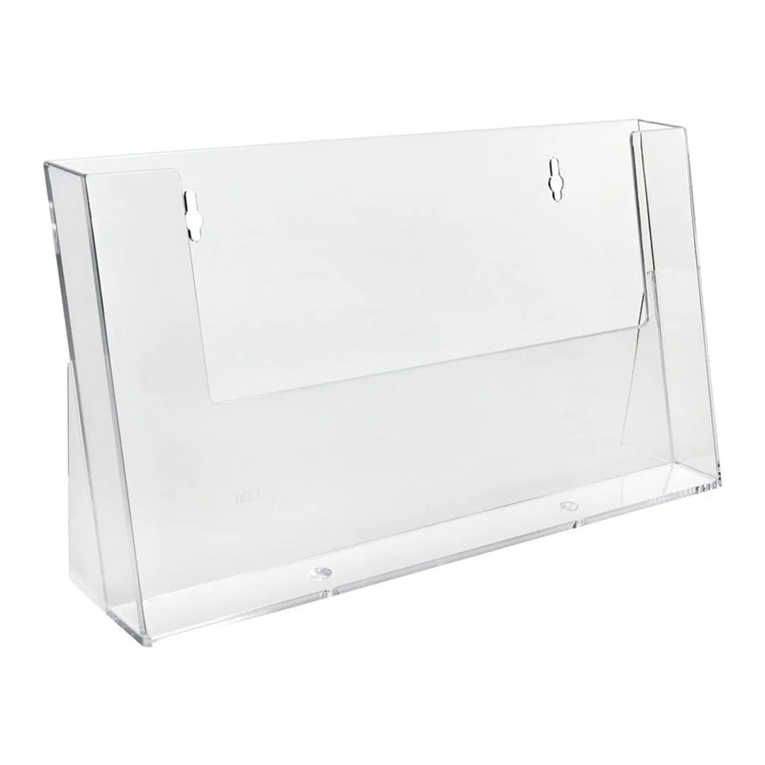 Bac présentoir acrylique format A4 horizontal, modèle vide sur fond blanc