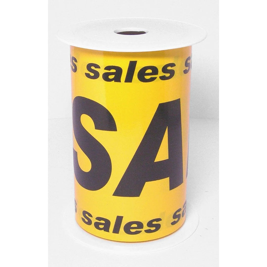 Banderole Sales en rouleau 10 m, coloris noir sur jaune pour vitrine de boutique