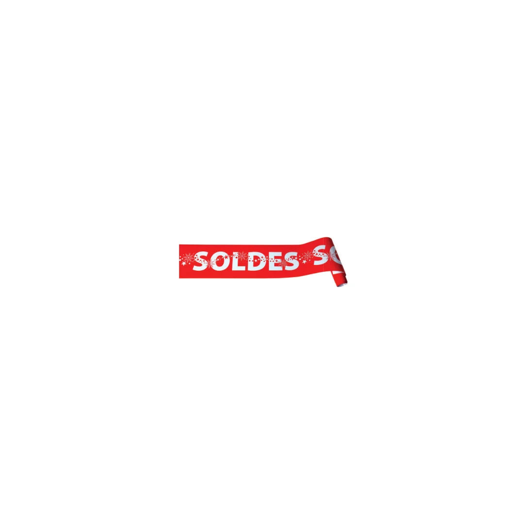 Détail banderoles soldes en rouleau, coloris rouge sur blanc et noir sur jaune