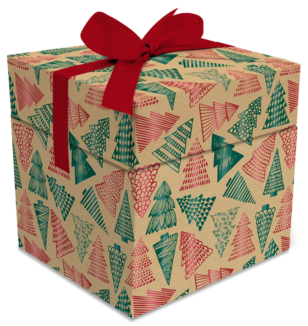 Boîte cube en kraft décor sapins rouges et verts métallisés pour emballage cadeau