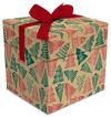 Boîte cube en kraft décor sapins rouges et verts métallisés pour emballage cadeau