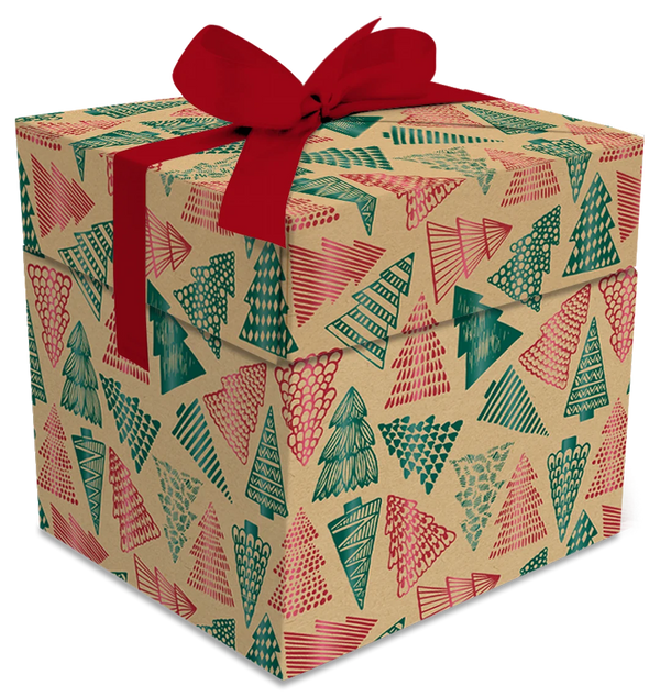 Boîte cube en kraft décor sapins rouges et verts métallisés pour emballage cadeau