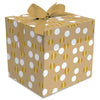 Boîte cube pop-up kraft pois blanc et or métallisé avec ruban doré intégré, emballage cadeau professionnel