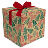 Boîte cube POP UP kraft avec décor sapins rouges et verts métallisés, ruban rouge intégré, emballage cadeau Noël professionnel