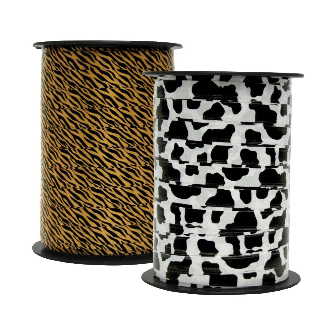 Bobines de bolduc imprimé animaux 10 mm x 225 m – tigre, vache, zèbre et léopard