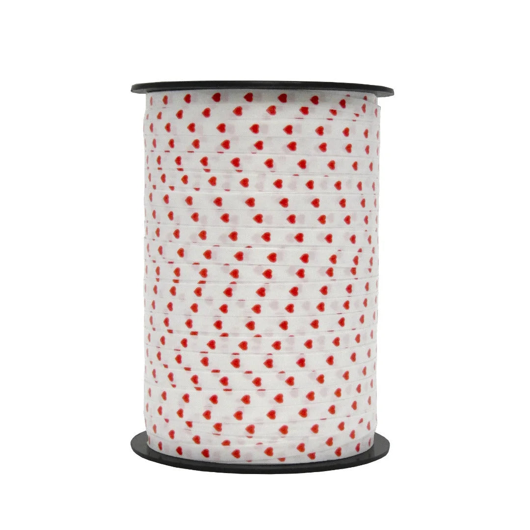 Bobine de bolduc imprimé cœurs rouges fond blanc 5 mm x 450 m pour emballage cadeau professionnel