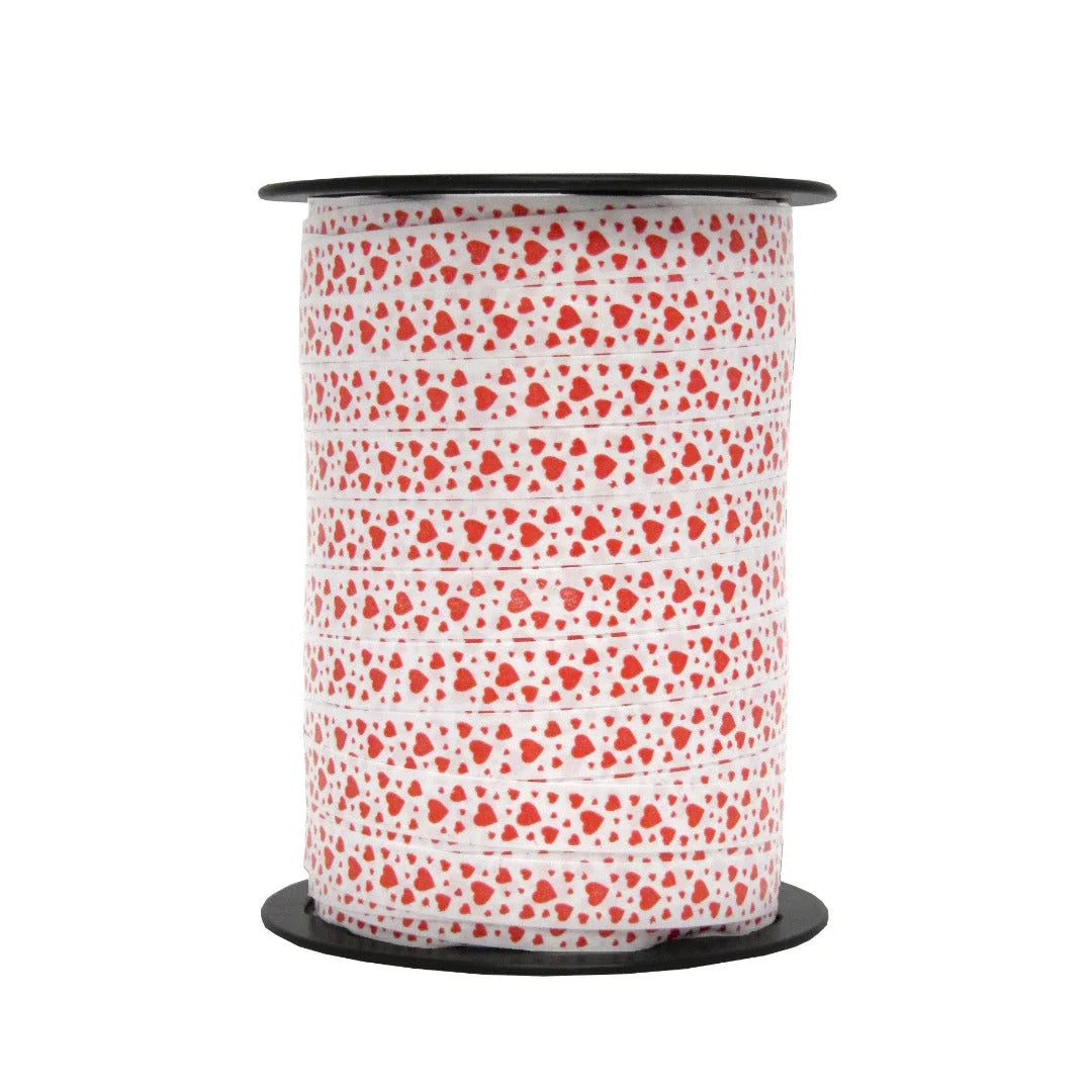 Bolduc imprimé cœurs rouge sur fond blanc, largeur 10 mm, bobine 225 m