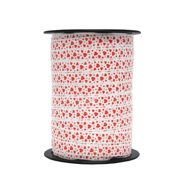 Bolduc imprimé cœurs rouge sur fond blanc, largeur 10 mm, bobine 225 m