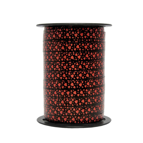 Bolduc imprimé cœurs rouge sur fond noir, largeur 10 mm, bobine 225 m