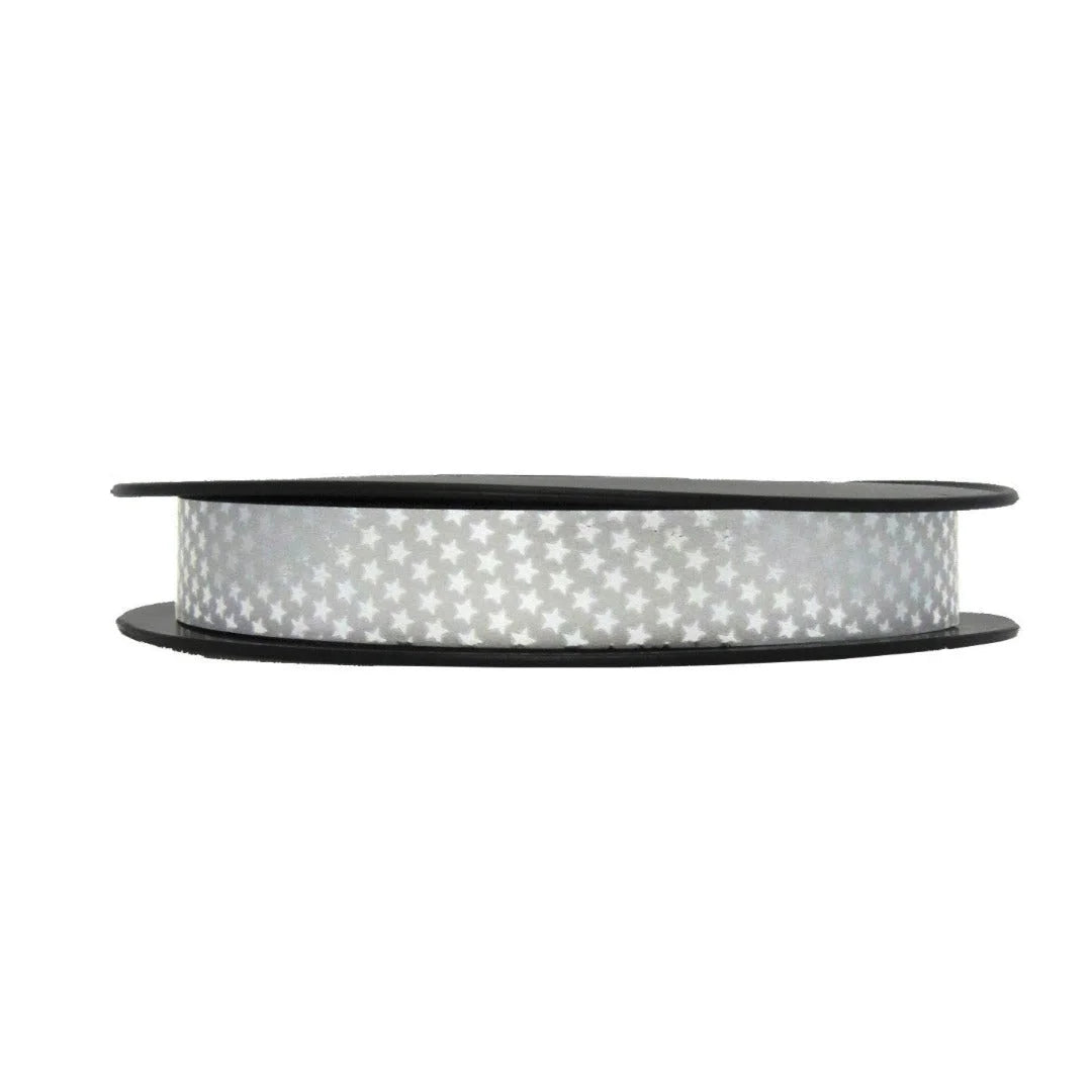 Bobine de bolduc imprimé étoile 25 mm × 50 m, finition miroir argent et or pour emballage cadeau professionnel