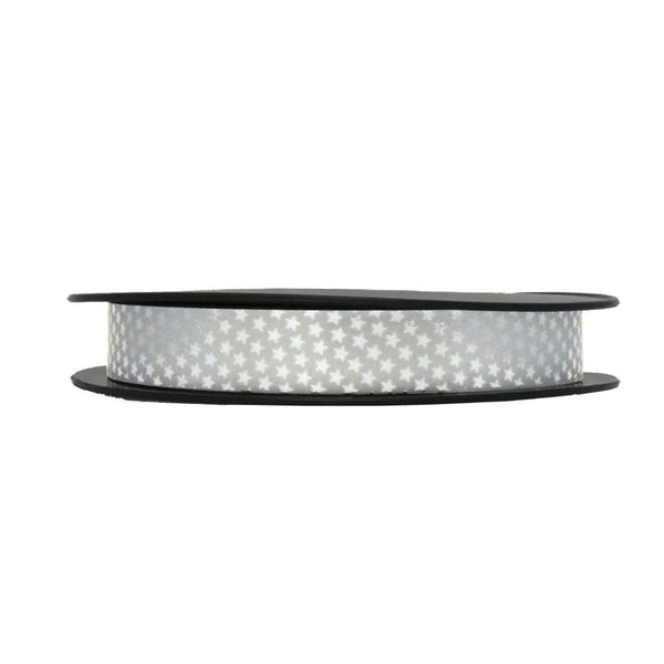 Bobine de bolduc imprimé étoile 25 mm × 50 m, finition miroir argent et or pour emballage cadeau professionnel