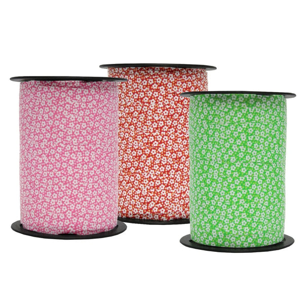 Bobine de bolduc imprimé motif fleurs 10 mm x 225 m – vue ensemble des 3 coloris disponibles