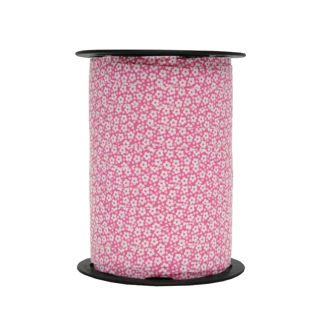 Bolduc décoratif imprimé fleurs coloris rose, largeur 10 mm, bobine de 225 m