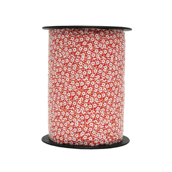Bolduc décoratif imprimé fleurs coloris rouge, largeur 10 mm, bobine de 225 m