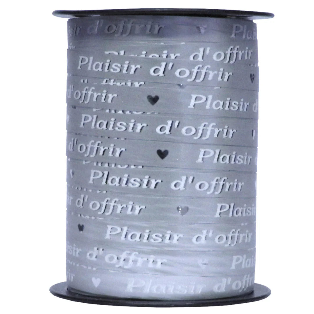Bobine de bolduc imprimé Plaisir d'offrir coloris blanc et argent miroir, 10 mm x 225 m