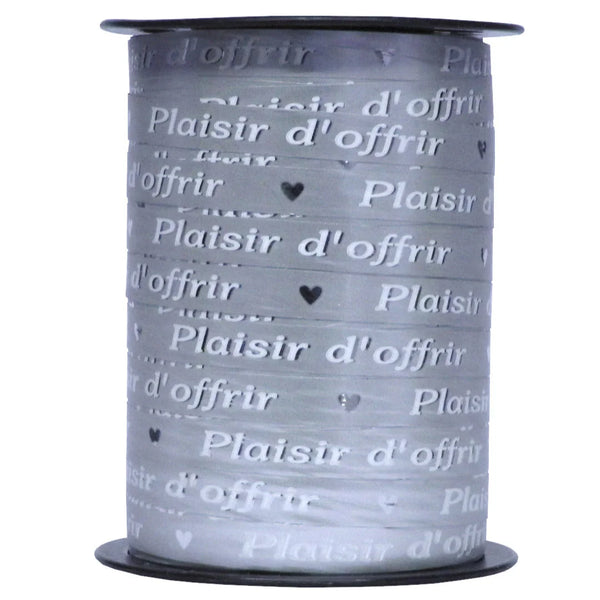 Bobine de bolduc imprimé Plaisir d'offrir coloris blanc et argent miroir, 10 mm x 225 m
