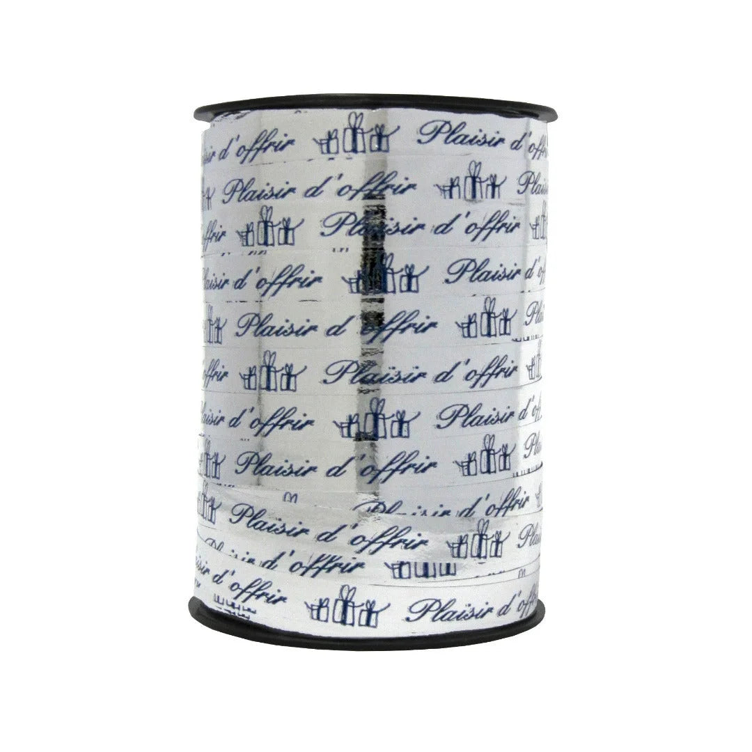 Bolduc imprimé Plaisir d'offrir bleu sur argent miroir, bobine 10 mm x 225 m pour emballage cadeau