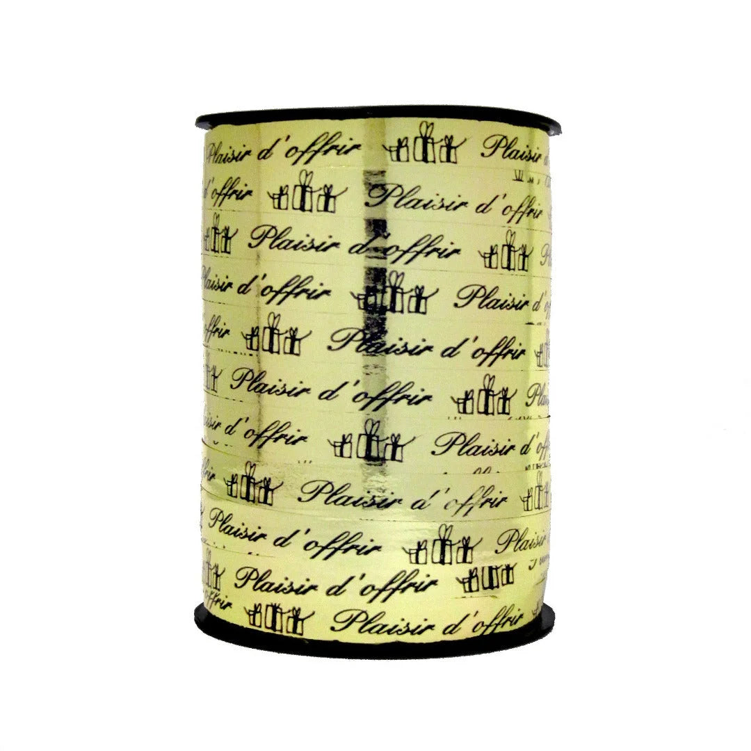 Bobine de bolduc cadeau imprimé Plaisir d'offrir noir sur or miroir, 10 mm x 225 m