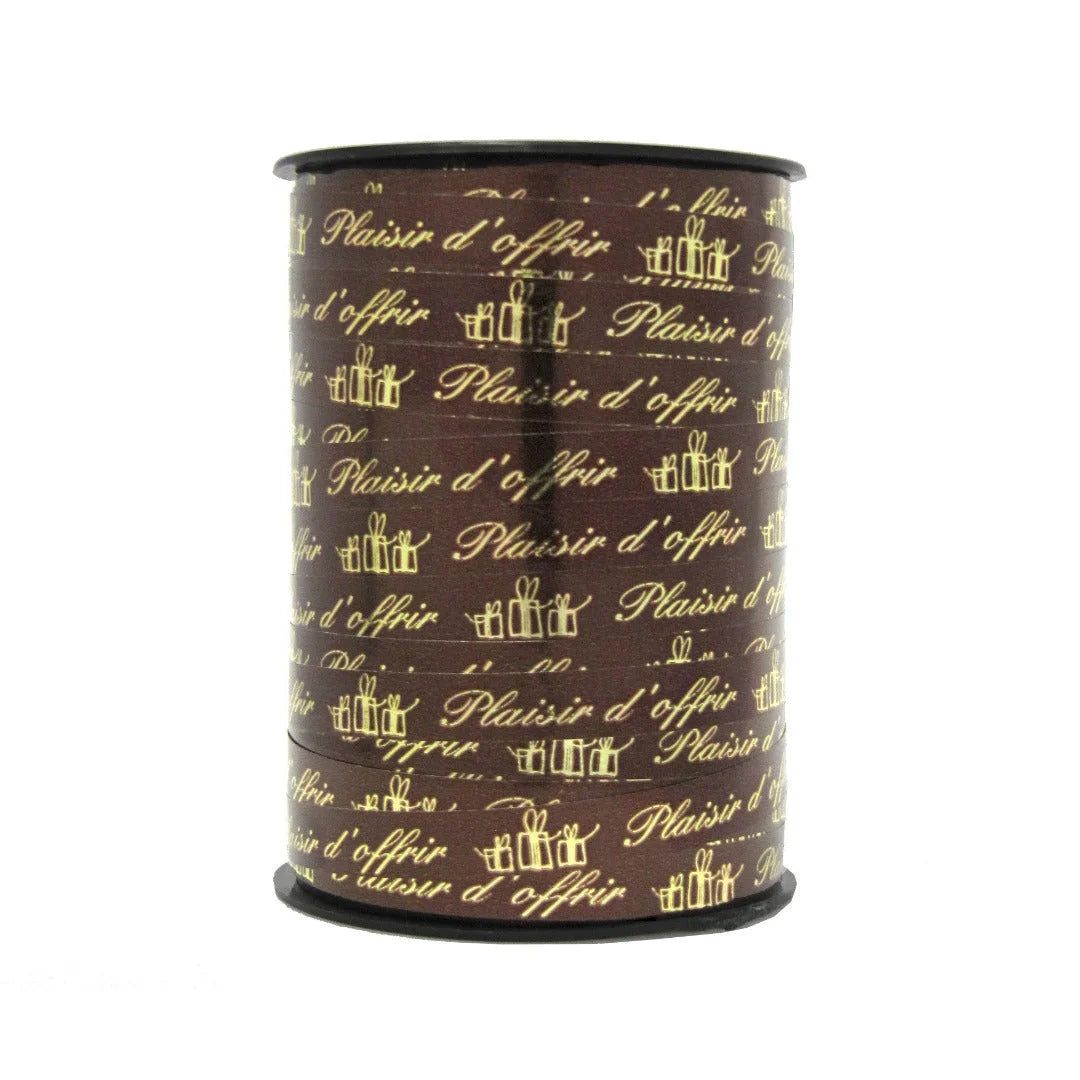 Bolduc imprimé Plaisir d'offrir coloris or sur chocolat, bobine professionnelle 10 mm x 225 m